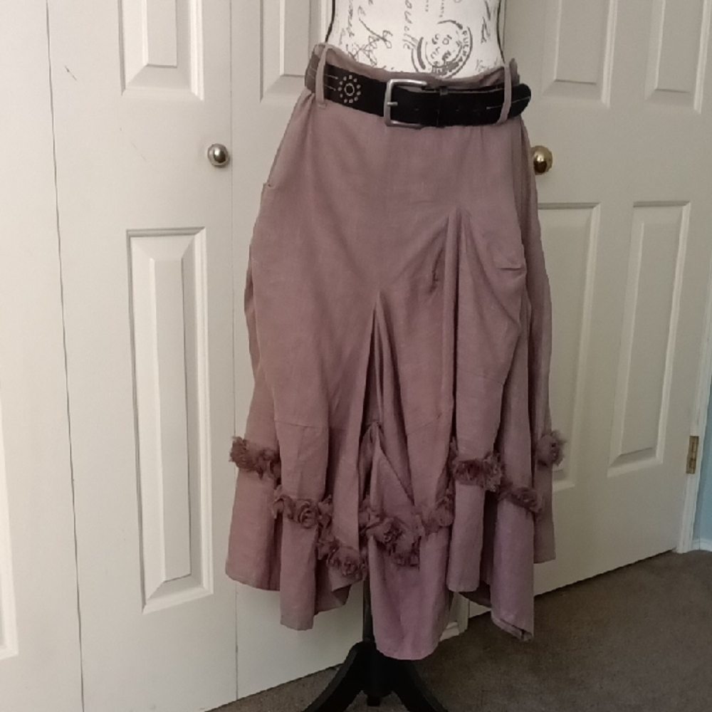 ART Midi Skirt Assymetric Linen Tulle Flowers size XL/12 EUC